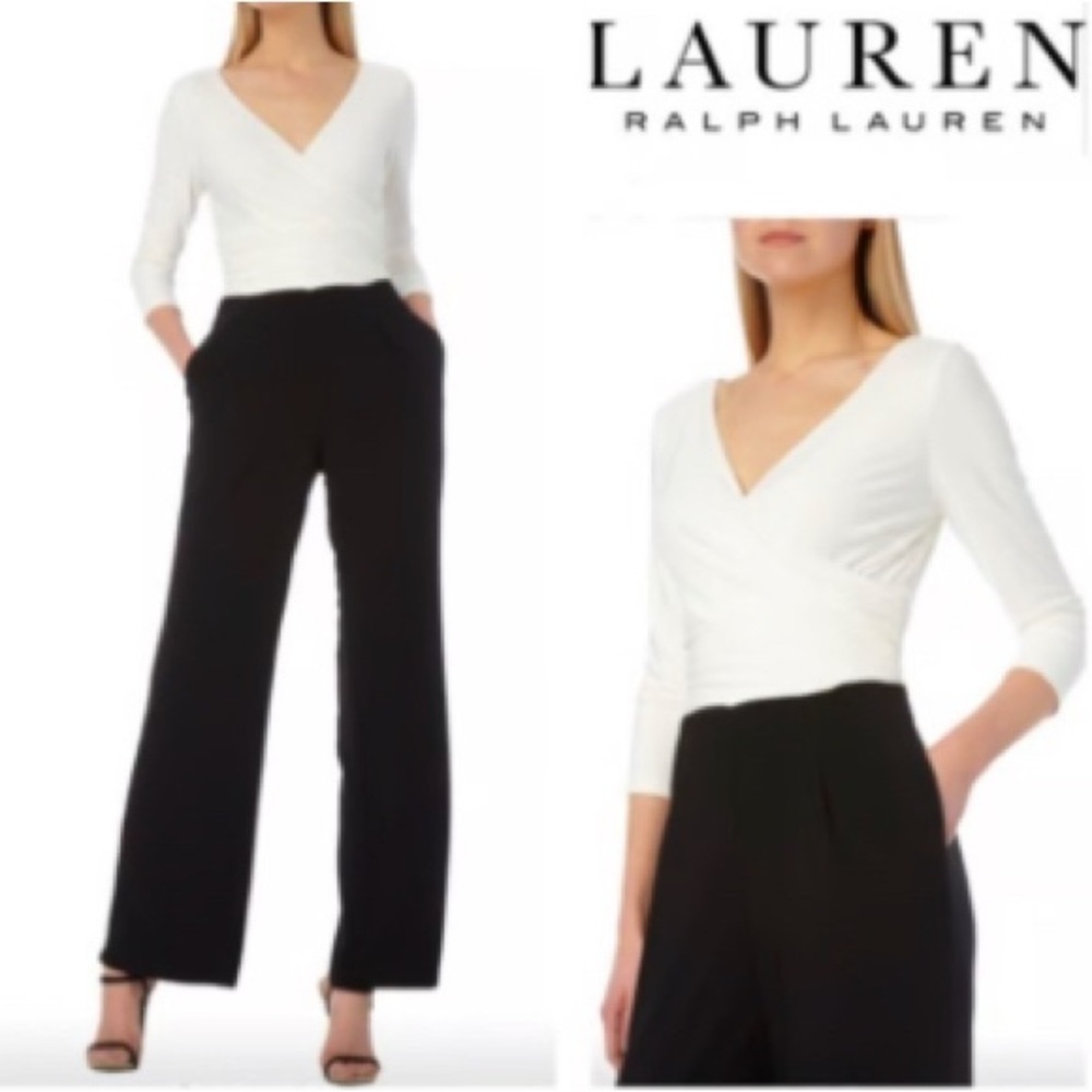 LAUREN RALPH LAUREN Sz 14 Jumpsuit Colourblock Faux Wrap Wide Leg Seam Pockets